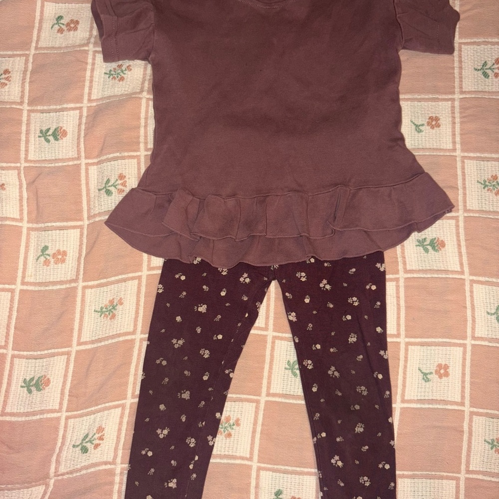 Brown Ruffle Top and Floral Leggings Set